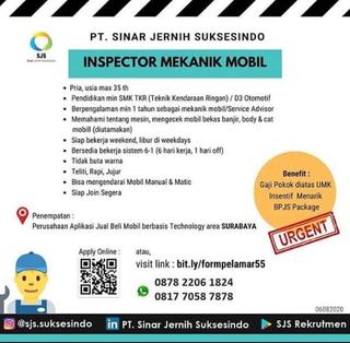 Lowongan Inspector Mekanik Mobil (Outsourcing) – Indah Pratiwi di
