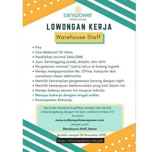 Lowongan Staff Gudang Sidoarjo – Gibran Waluyo, 18 Nov 2020 – Loker