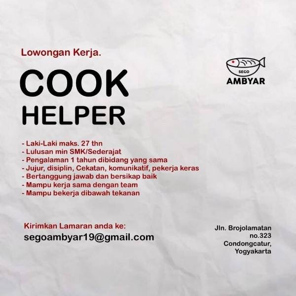 Lowongan Kerja Cook Helper | AtmaGo
