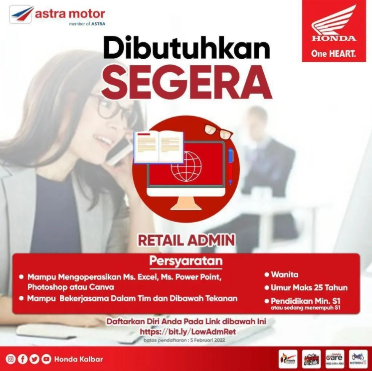 Lowongan Kerja Admin Dealer Honda Pontianak AtmaGo