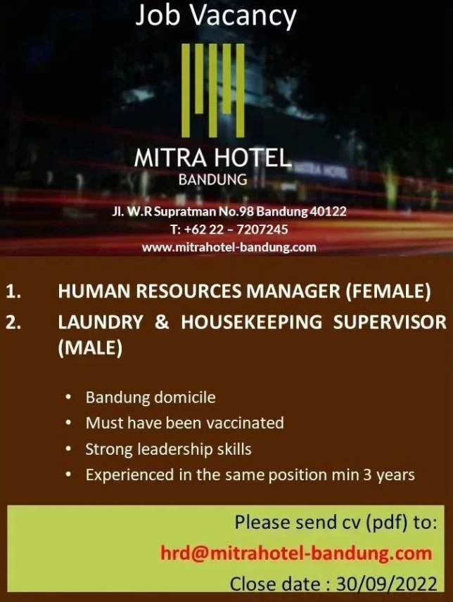Lowongan Housekeeping, Laundry, dan HRD Manager AtmaGo
