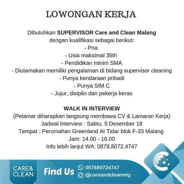 Lowongan Kerja Supervisor Care And Clean Malang AtmaGo