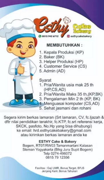 (Lowongan Kerja) Kepala Produksi, Baker, Helper Produksi, Customer ...