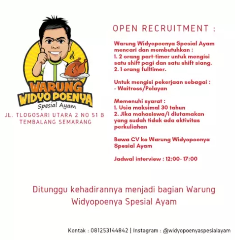 (Lowongan Kerja) Dibutuhkan Partimer Waitress di Warung Widyo Poenya