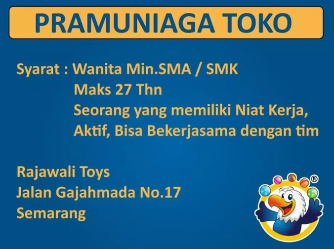 Lowongan Kerja Dibutuhkan Pramuniaga Di Toko Mainan Rajawali Gajahmada Wawancara Langsung Walk In Inteview Indah Pratiwi 21 Feb 2019 Loker Atmago