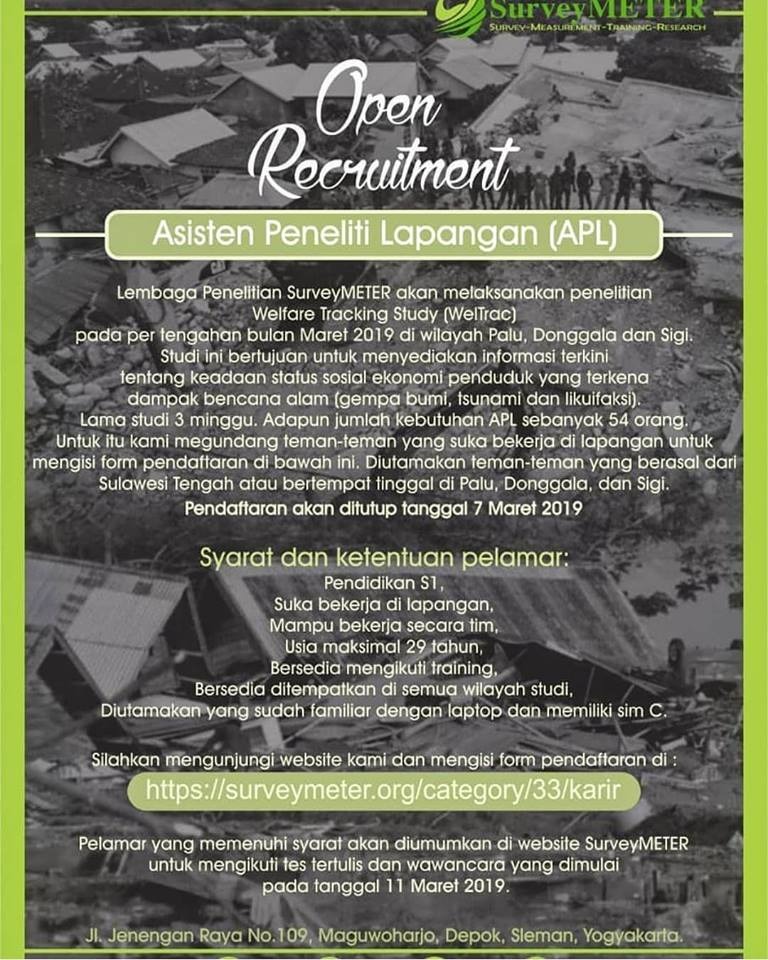 (Lowongan Kerja) Dibutuhkan Asisten Peneliti Lapangan (APL)