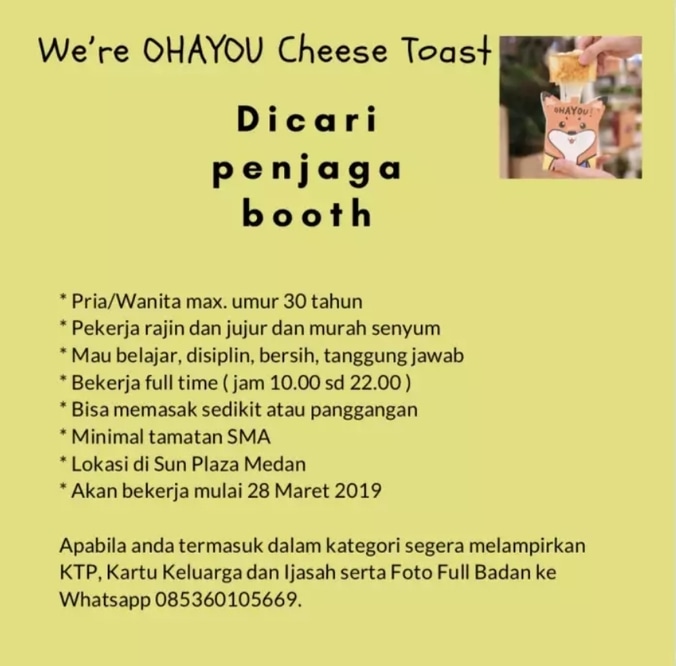 Lowongan Kerja Dicari Karyawan Ti Penjaga Booth Makanan Ohayou Cheese Toast Medan Atmago