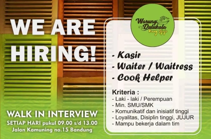 Lowongan Kerja Dibutuhkan Kasir Waiter Waitress Dan Cook Helper Di Warung Dulukala Bandung Wawancara Langsung Walk In Inteview Atmago
