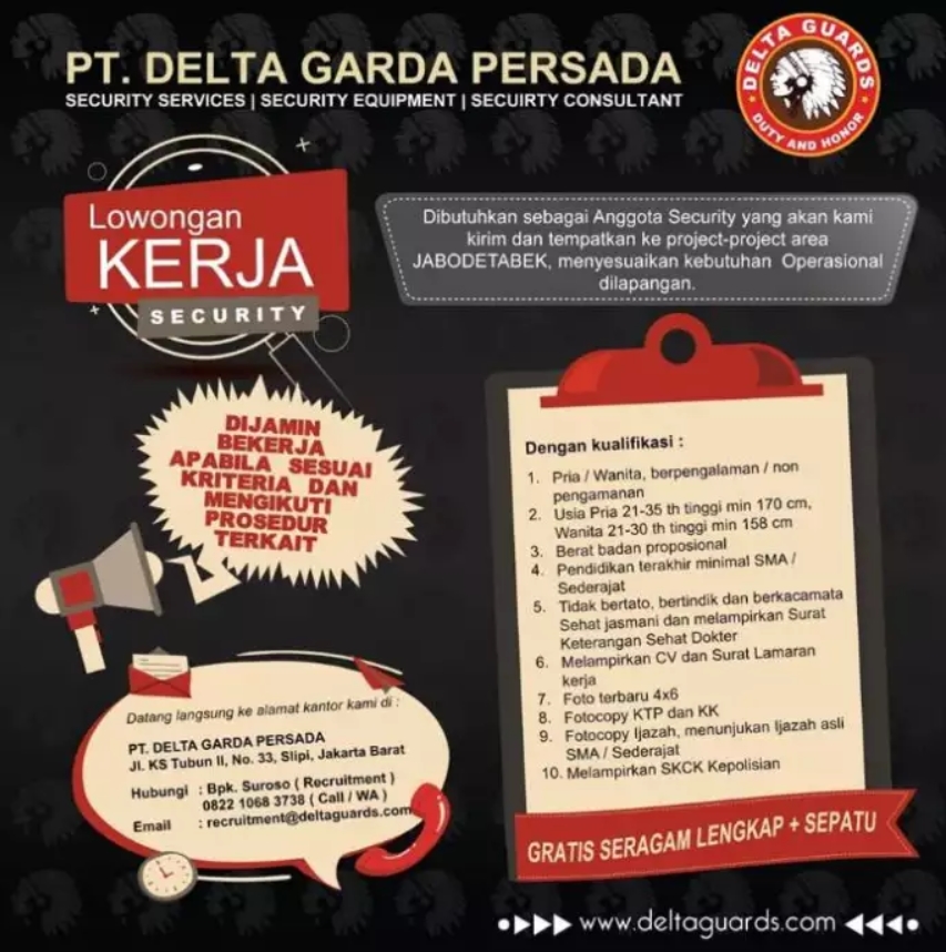 (Lowongan Kerja) Dibutuhkan Satpam/Security di PT. Delta Garda Persada