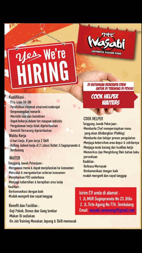 Lowongan Kerja Dibutuhkan Server Waiter Pria Wanita Full Time Part Time Lulusan Sma Smk Sederajat Di Wasabi Japanese Fusion Food Semarang Walk In Interview Wawancara Langsung Atmago