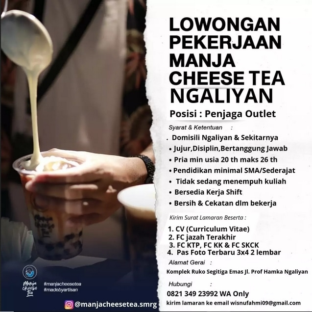 Lowongan Kerja Dibutuhkan Karyawan Penjaga Outlet Di Manja Cheesetea Ngaliyan Walk In Interview Wawancara Langsung Atmago