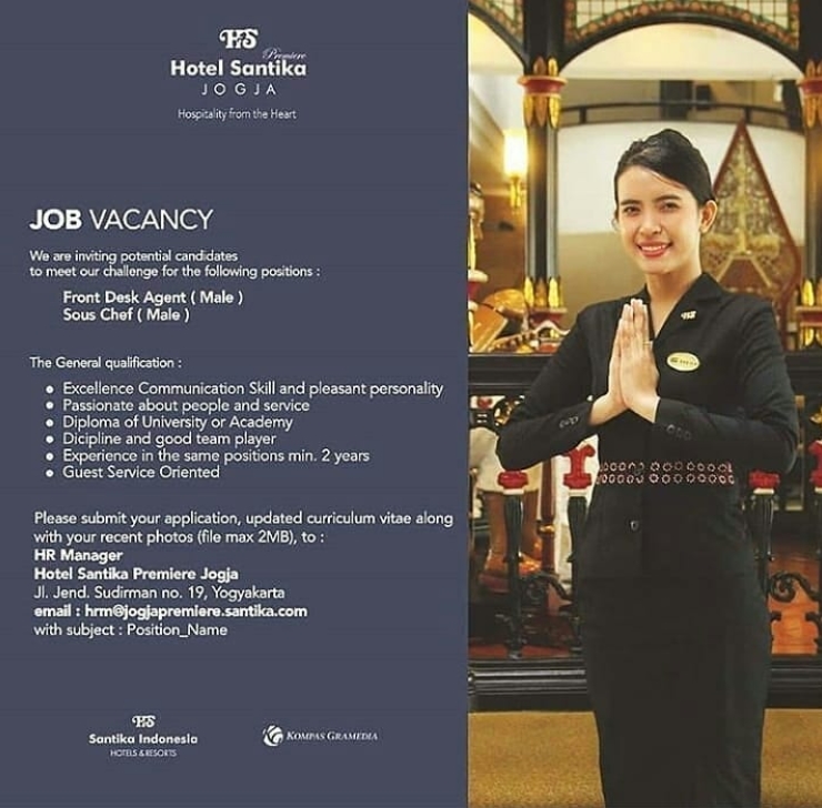Lowongan Kerja Sous Chef dan Frontdesk Agent di Hotel Santika Permiere