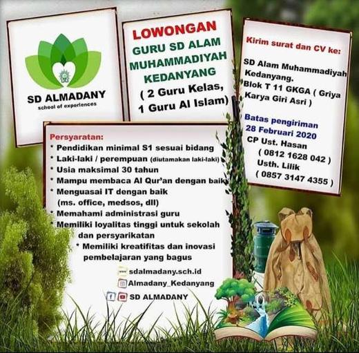 Lowongan Kerja 2 Guru Kelas, 1 Guru AI Islam di SD Alam Muhammadiyah