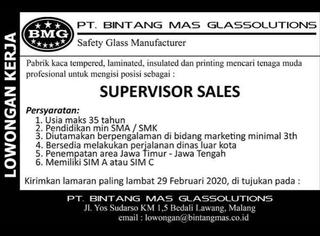 Lowongan Kerja Supervisor Sales di PT. Bintang Mas Glassolutions