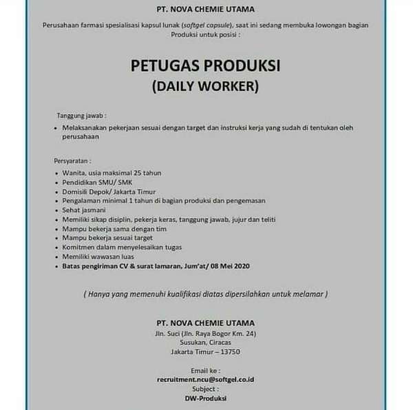 Lowongan Kerja Petugas Produksi Pabrik Obat | AtmaGo